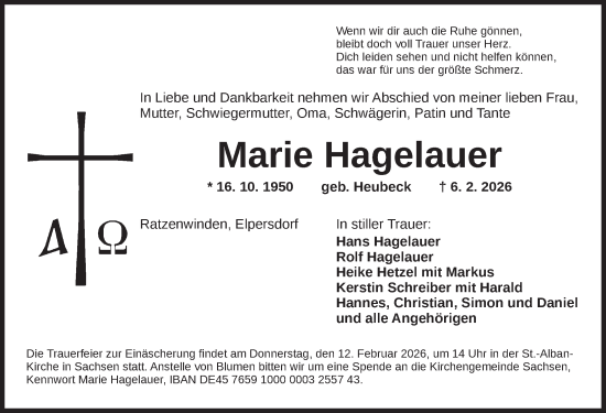 Traueranzeige von Marie Hagelauer von Ansbach