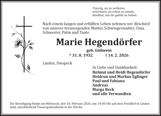 Traueranzeige von Marie Hegendörfer von Neustadt/ Scheinfeld/ Uffenheim