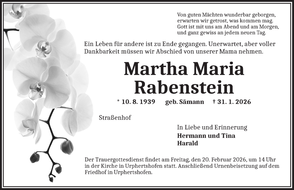  Traueranzeige für Martha Maria Rabenstein vom 17.02.2026 aus Ansbach