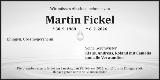 Traueranzeige von Martin Fickel von Dinkelsbühl/ Feuchtwangen
