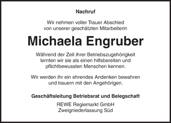Traueranzeige von Michaela Engruber von Dinkelsbühl/ Feuchtwangen