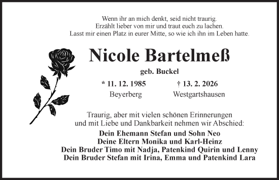 Traueranzeige von Nicole Bartelmeß von Dinkelsbühl/ Feuchtwangen