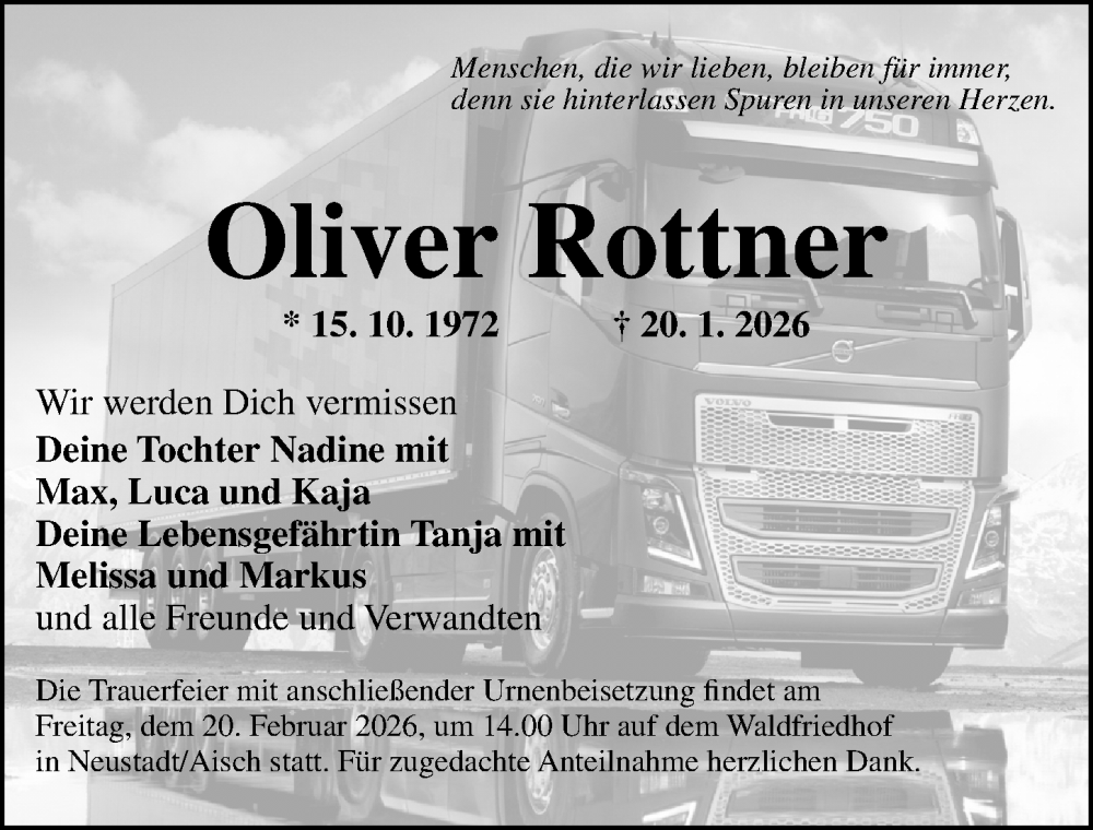  Traueranzeige für Oliver Rottner vom 14.02.2026 aus Neustadt/ Scheinfeld/ Uffenheim