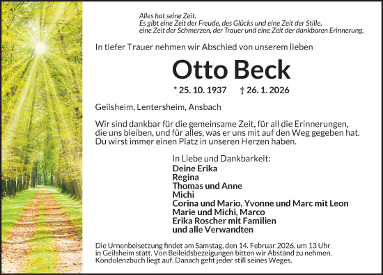 Traueranzeige von Otto Beck von Dinkelsbühl/ Feuchtwangen
