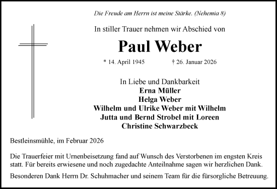 Traueranzeige von Paul Weber von Rothenburg