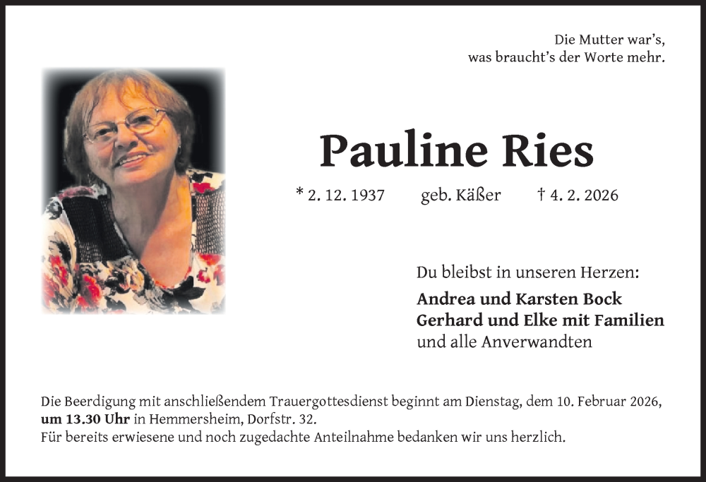  Traueranzeige für Pauline Ries vom 07.02.2026 aus GE