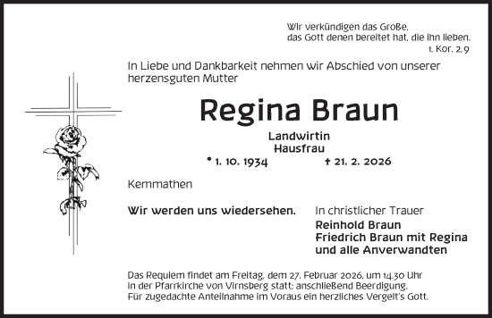 Traueranzeige von Regina Braun von Ansbach