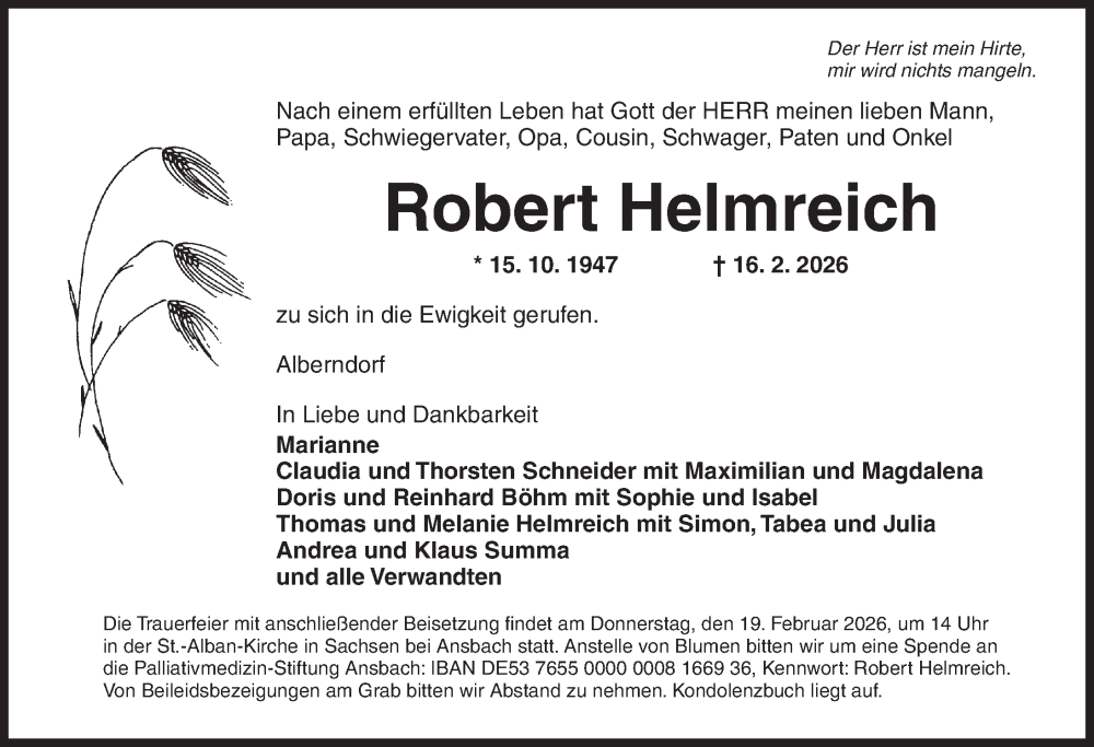  Traueranzeige für Robert Helmreich vom 17.02.2026 aus Ansbach