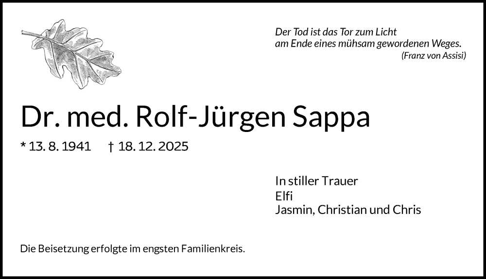  Traueranzeige für Rolf-Jürgen Sappa vom 07.02.2026 aus Neustadt/ Scheinfeld/ Uffenheim