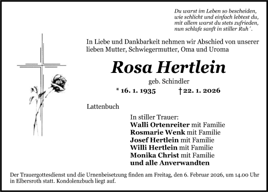 Traueranzeige von Rosa Hertlein von Dinkelsbühl/ Feuchtwangen