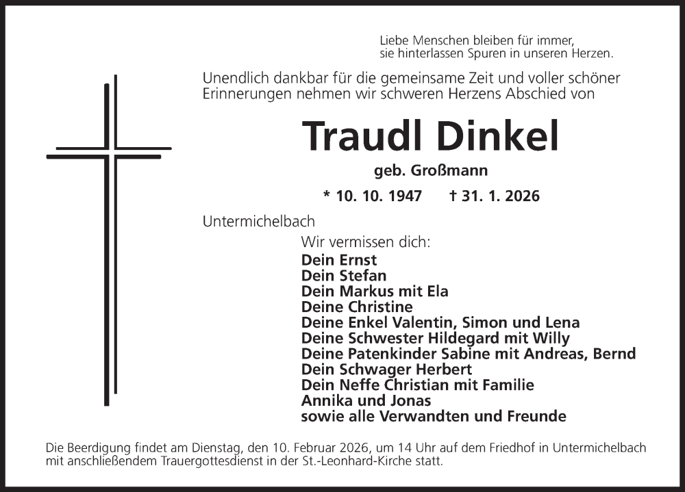  Traueranzeige für Traudl Dinkel vom 07.02.2026 aus Dinkelsbühl/ Feuchtwangen
