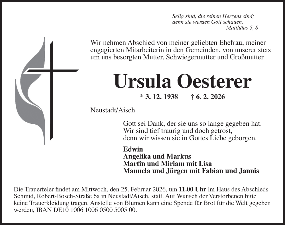  Traueranzeige für Ursula Oesterer vom 14.02.2026 aus Neustadt/ Scheinfeld/ Uffenheim