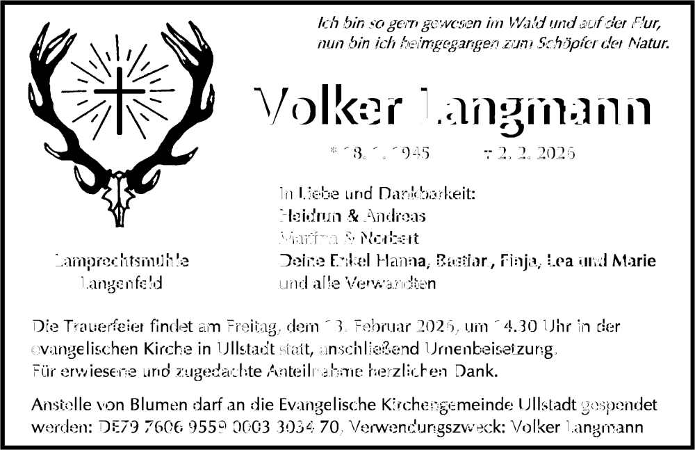  Traueranzeige für Volker Langmann vom 07.02.2026 aus Neustadt/ Scheinfeld/ Uffenheim