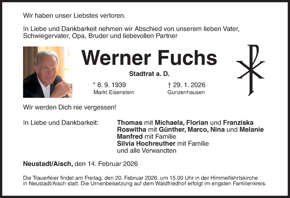  Traueranzeige für Werner Fuchs vom 14.02.2026 aus Neustadt/ Scheinfeld/ Uffenheim
