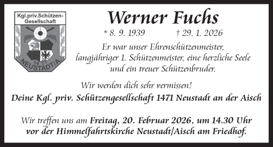 Traueranzeige von Werner Fuchs von Neustadt/ Scheinfeld/ Uffenheim