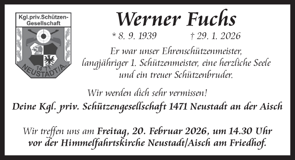  Traueranzeige für Werner Fuchs vom 19.02.2026 aus Neustadt/ Scheinfeld/ Uffenheim