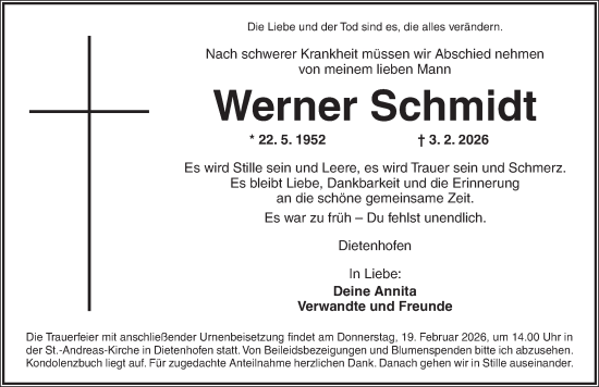 Traueranzeige von Werner Schmidt von Ansbach