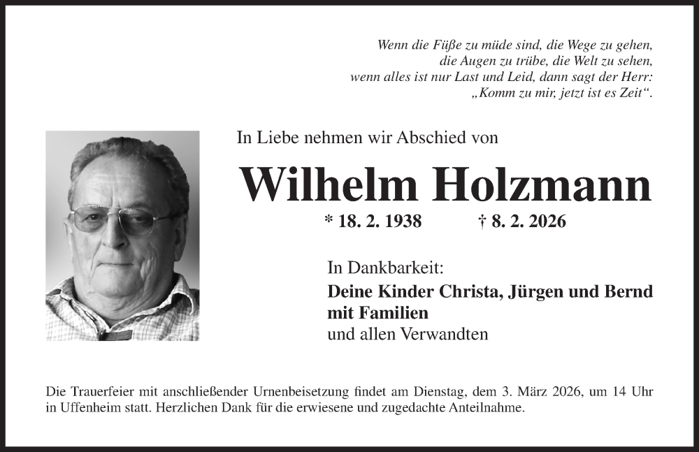  Traueranzeige für Wilhelm Holzmann vom 28.02.2026 aus Neustadt/ Scheinfeld/ Uffenheim