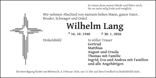 Traueranzeige von Wilhelm Lang von Dinkelsbühl/ Feuchtwangen