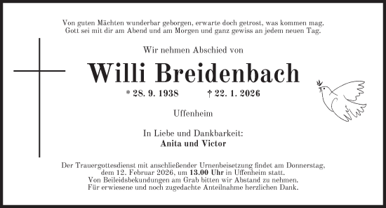 Traueranzeige von Willi Breidenbach von Neustadt/ Scheinfeld/ Uffenheim