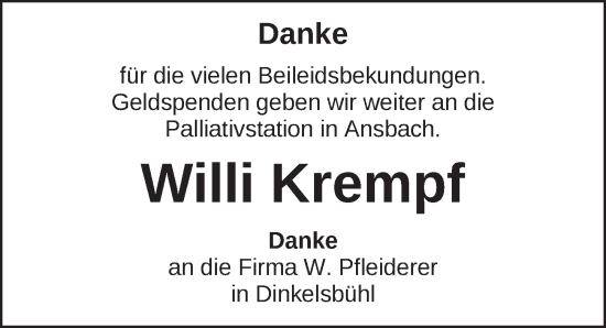 Traueranzeige von Willi Krempf von Dinkelsbühl/ Feuchtwangen