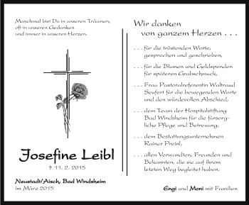 Traueranzeige von Josefine Leibl von Neustadt/ Scheinfeld/ Uffenheim