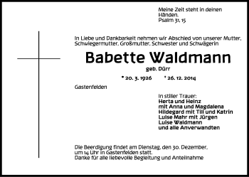 Traueranzeige von Babette Waldmann von Rothenburg