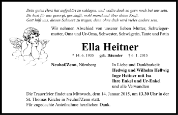 Traueranzeige von Ella Heitner von Neustadt/ Scheinfeld/ Uffenheim