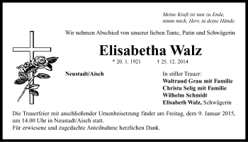 Traueranzeige von Elisabetha Walz von Neustadt/ Scheinfeld/ Uffenheim
