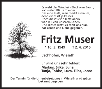 Traueranzeige von Fritz Muser von Dinkelsbühl/ Feuchtwangen