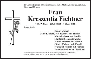 Traueranzeige von Kreszentia Fichtner von Ansbach