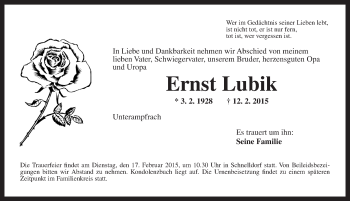 Traueranzeige von Ernst Lubik von Dinkelsbühl/ Feuchtwangen