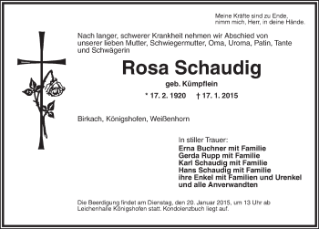 Traueranzeige von Rosa Schaudig von Ansbach