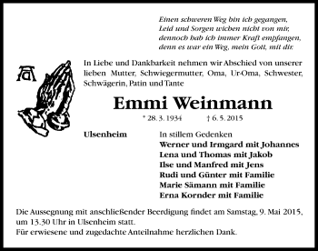 Traueranzeige von Emmi Weinmann von Neustadt/ Scheinfeld/ Uffenheim