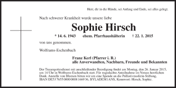 Traueranzeige von Sophie Hirsch von Ansbach