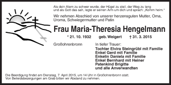 Traueranzeige von Maria-Theresia Hengelmann von Dinkelsbühl/ Feuchtwangen