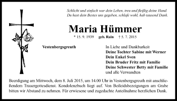 Traueranzeige von Maria Hümmer von Neustadt/ Scheinfeld/ Uffenheim