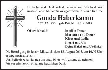 Traueranzeige von Gunda Haberkamm von Neustadt/ Scheinfeld/ Uffenheim