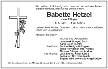 Traueranzeige von Babette Hetzel von Ansbach