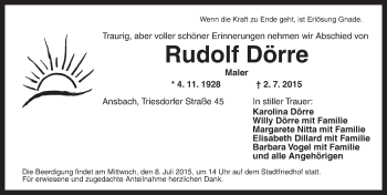 Traueranzeige von Rudolf Dörre von Ansbach