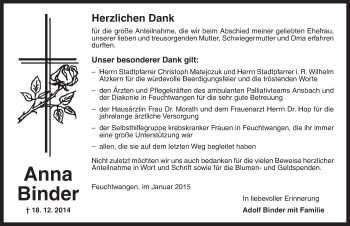 Traueranzeige von Anna Binder von Dinkelsbühl/ Feuchtwangen