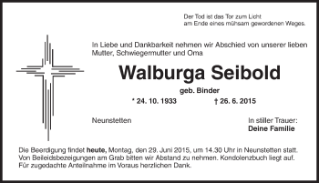 Traueranzeige von Walburga Seibold von Dinkelsbühl/ Feuchtwangen