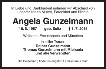 Traueranzeige von Angela Gunzelmann von Ansbach