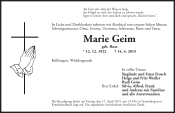 Traueranzeige von Marie Geim von Ansbach