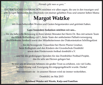 Traueranzeige von Margot Watzke von Rothenburg