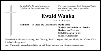 Traueranzeige von Ewald Wanka von Neustadt/ Scheinfeld/ Uffenheim