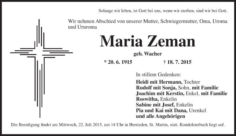 Traueranzeigen Von Maria Zeman Trauer Flz De