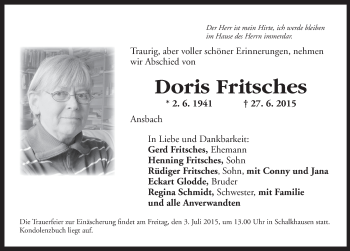 Traueranzeige von Doris Fritsches von Ansbach