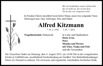 Traueranzeige von Alfred Kitzmann von Neustadt/ Scheinfeld/ Uffenheim