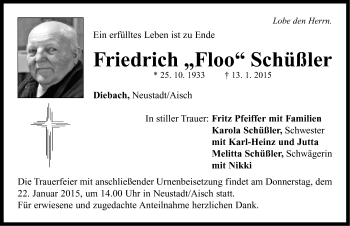 Traueranzeige von Friedrich Schüßler von Neustadt/ Scheinfeld/ Uffenheim